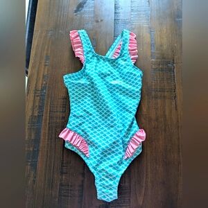 Pink and Blue One Piece Swimsuit with Ruffled Trim